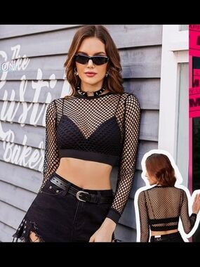 Black Fishnet Long-Sleeve Crop Top by AK Anne Klein